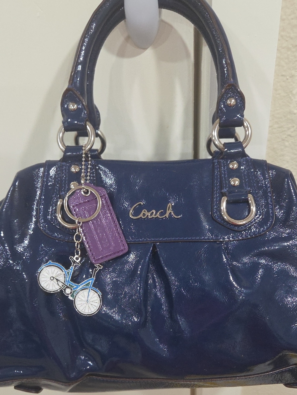 Coach Patent Leather Shoulder Bag in Navy with Purple Charm